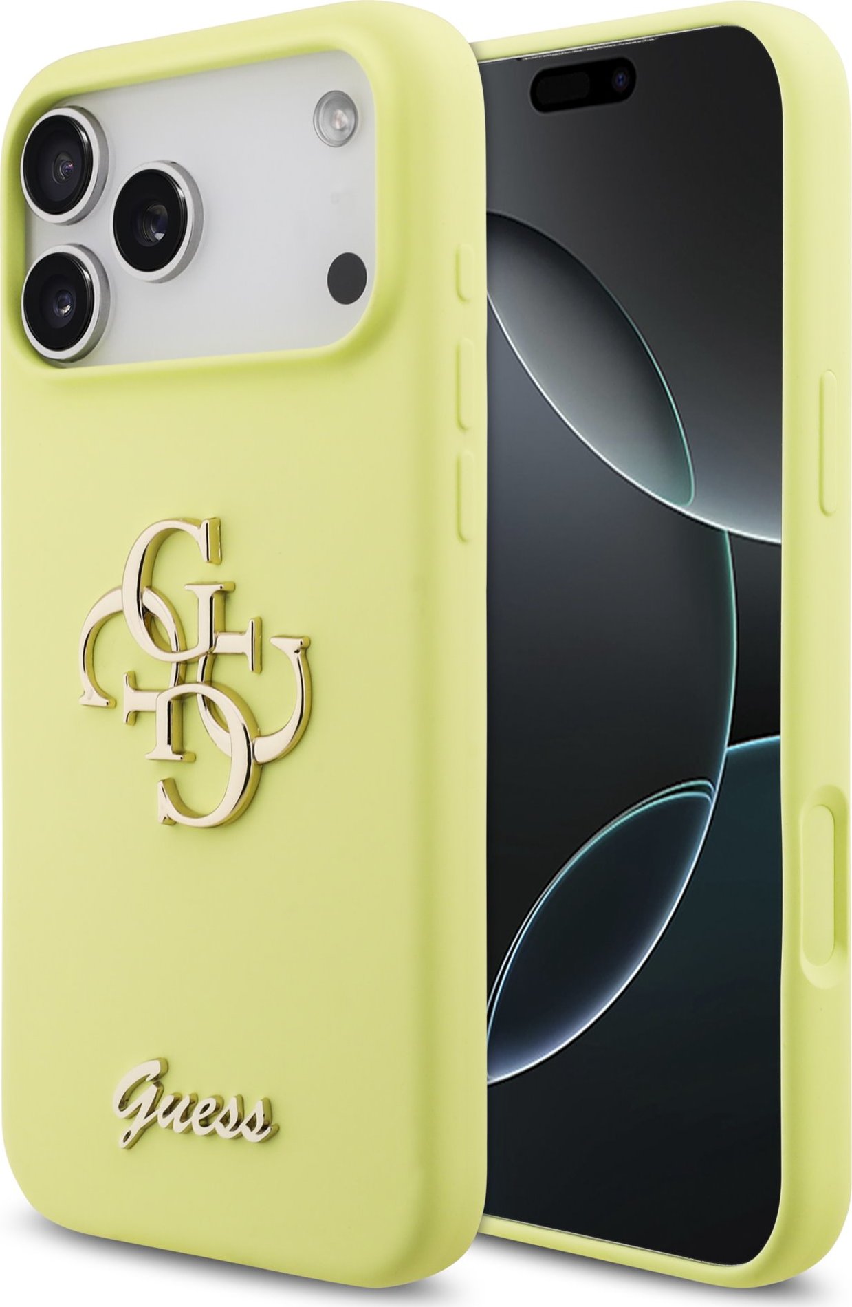 Guess Liquid Silicone 4G Metal Logo Zadní Kryt pro iPhone 17 Pro Max Yellow