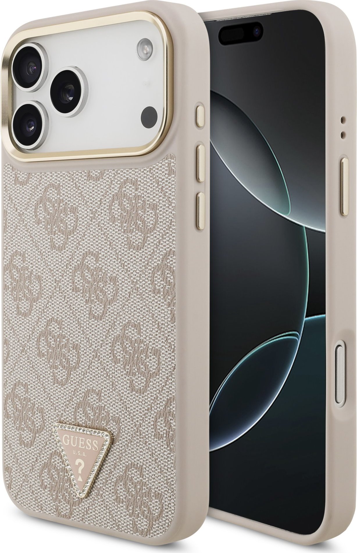 Guess PU Leather 4G Strass Triangle Logo Gold Frame MagSafe Zadní Kryt pro iPhone 17 Pro Max Pink