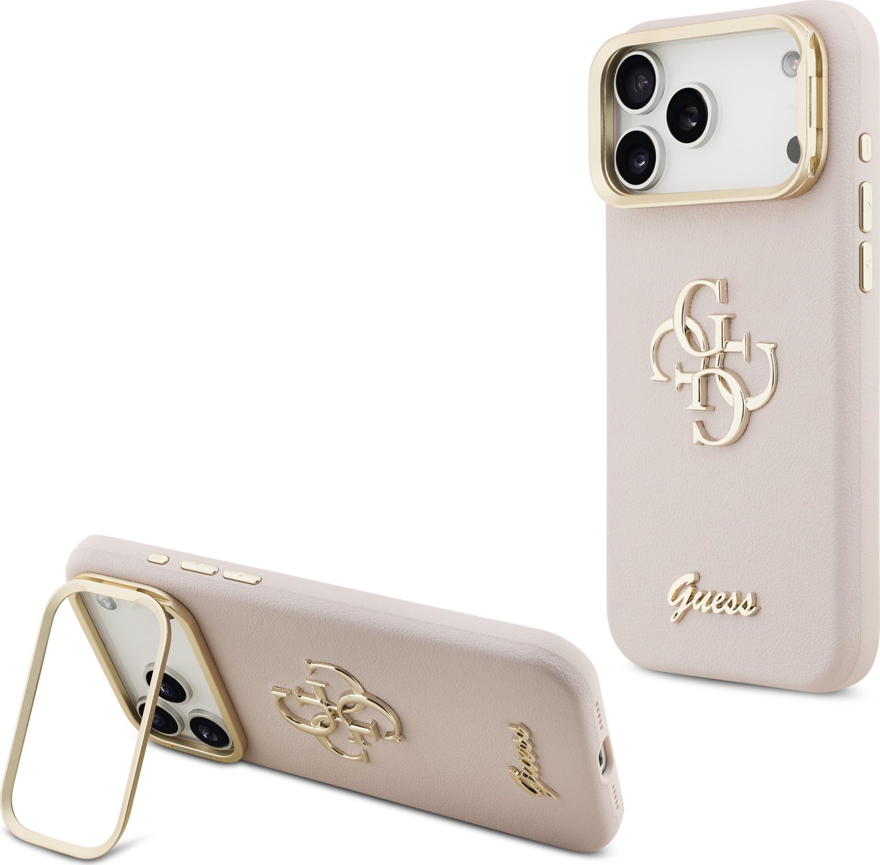 Guess PU Grained 4G Logo Stand Camera Frame Zadní Kryt pro iPhone 17 Pro Max Pink