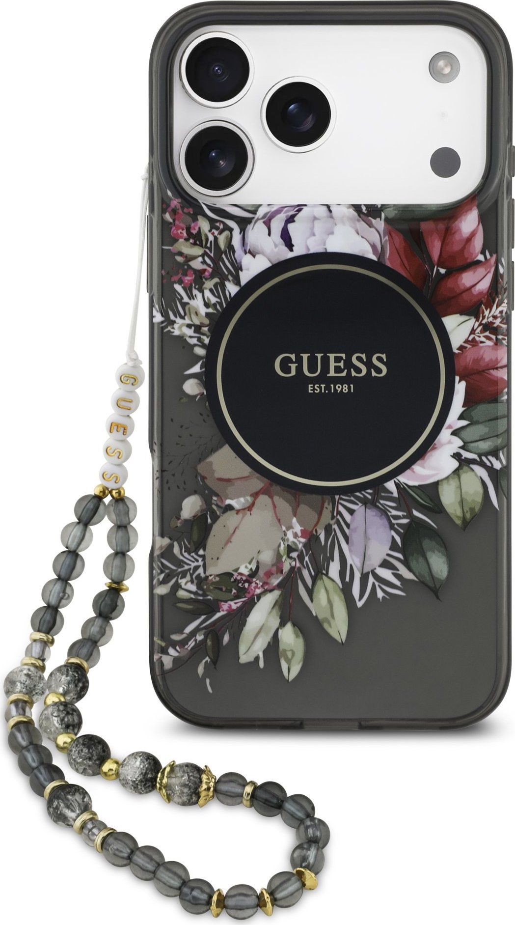 Guess IML Flowers Strap MagSafe Zadní Kryt pro iPhone 17 Pro Max Black