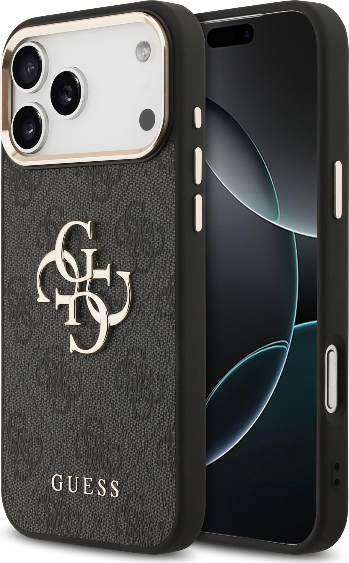 Guess PU Leather 4G Metal Logo Gold Frame Zadní Kryt pro iPhone 17 Pro Max Black