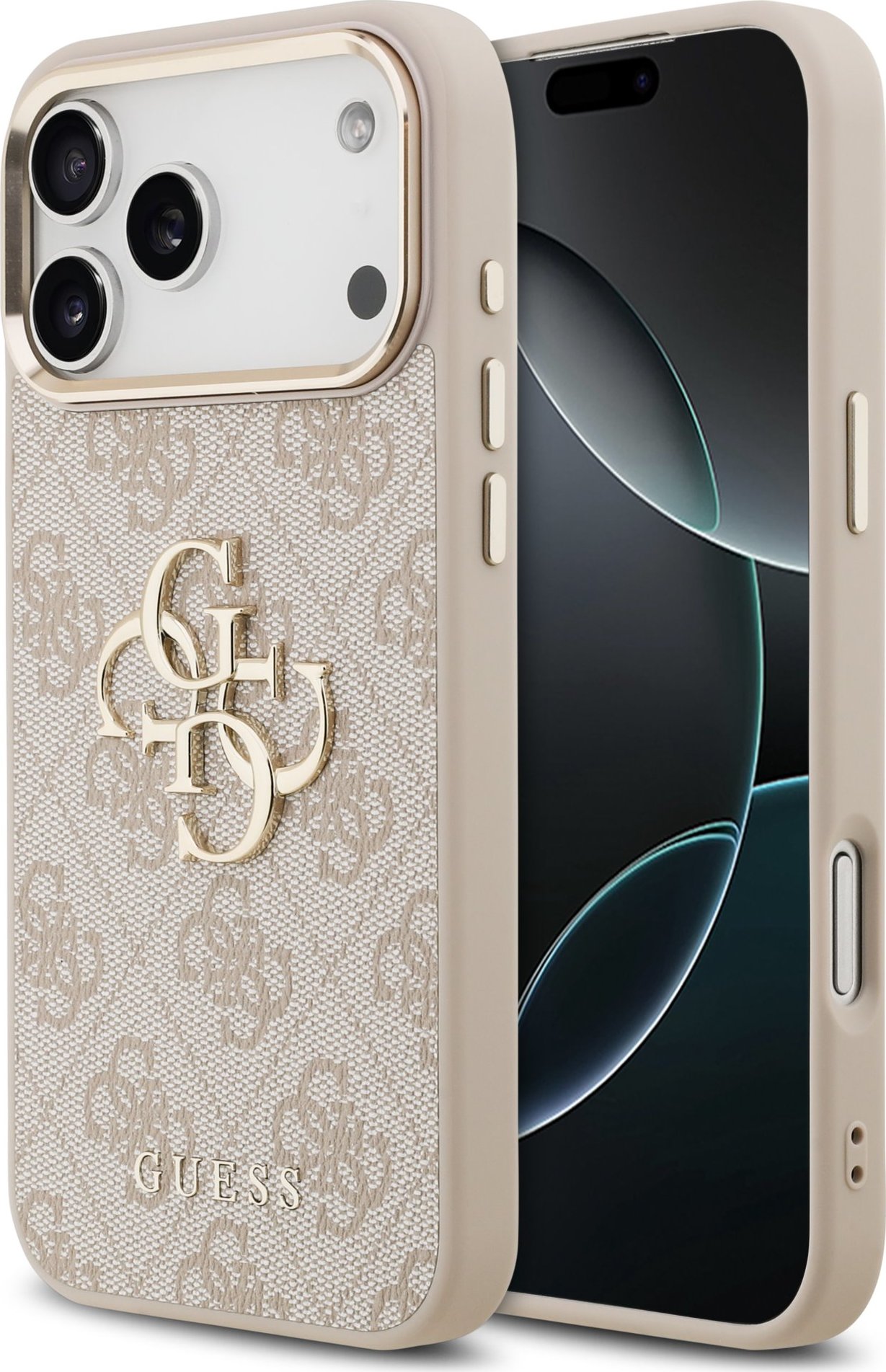 Guess PU Leather 4G Metal Logo Gold Frame Zadní Kryt pro iPhone 17 Pro Max Pink