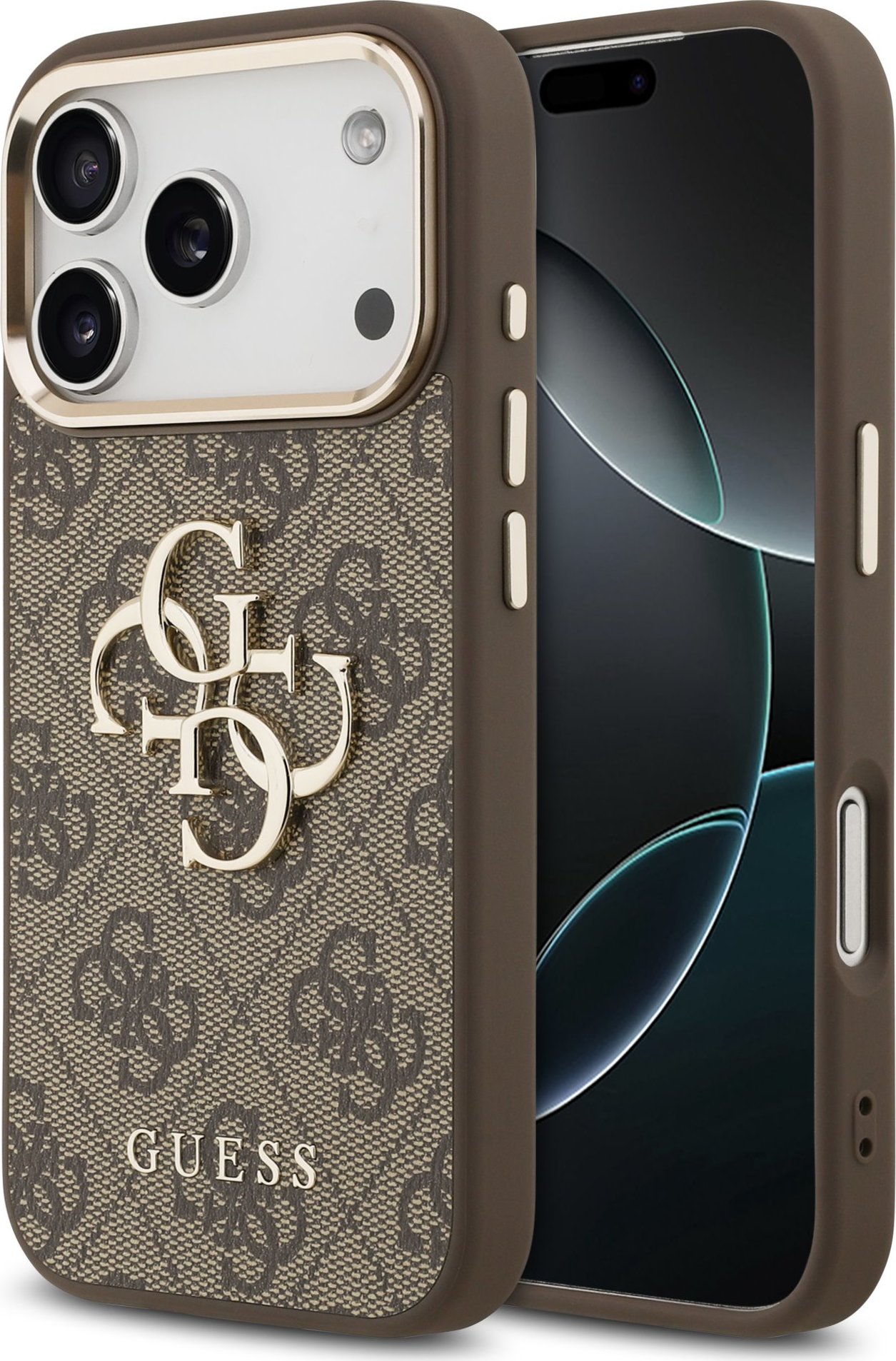 Guess PU Leather 4G Metal Logo Gold Frame Zadní Kryt pro iPhone 17 Pro Max Brown
