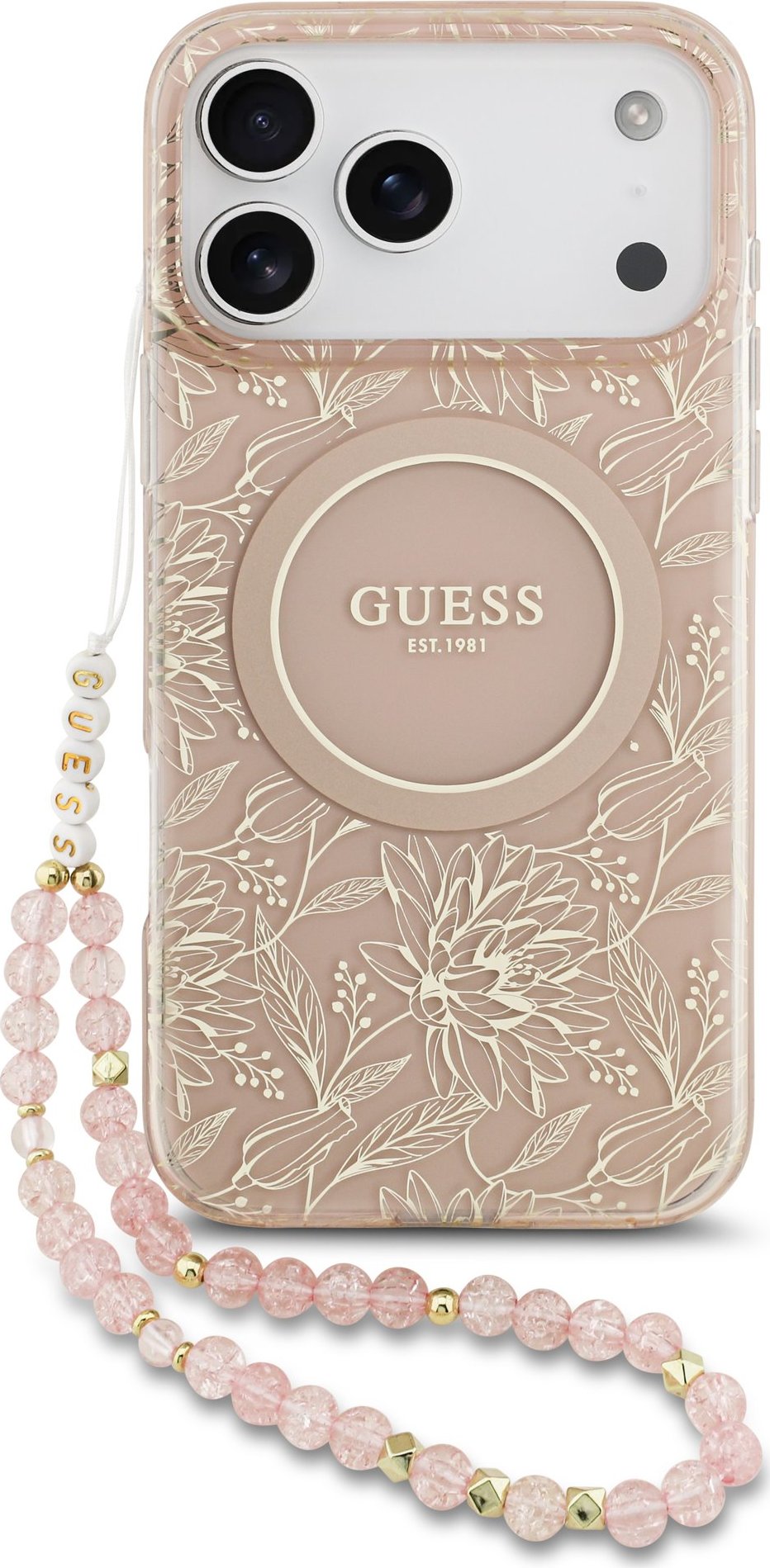 Guess IML Flowers Allover Strap MagSafe Zadní Kryt pro iPhone 17 Pro Max Pink
