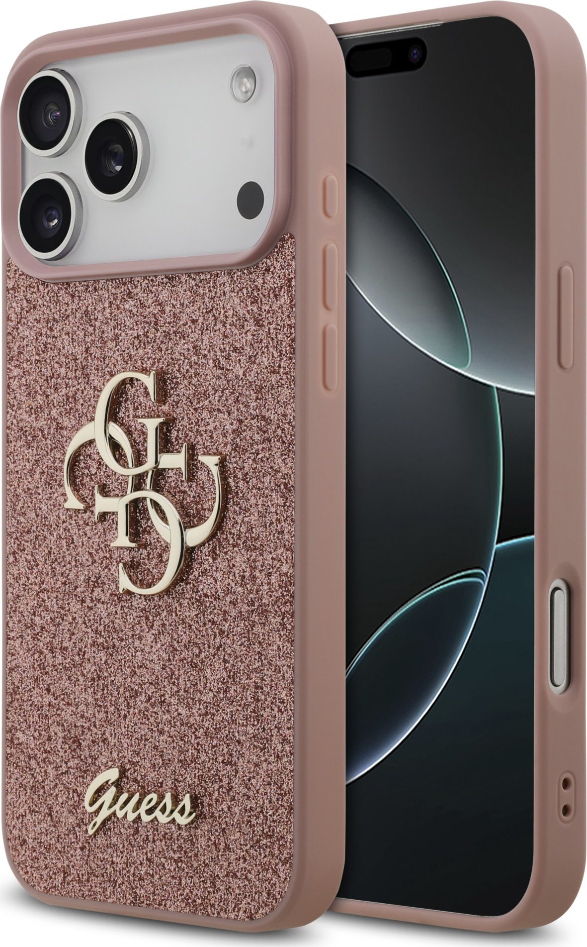 Guess PU Fixed Glitter 4G Metal Logo Zadní Kryt pro iPhone 17 Pro Max Pink