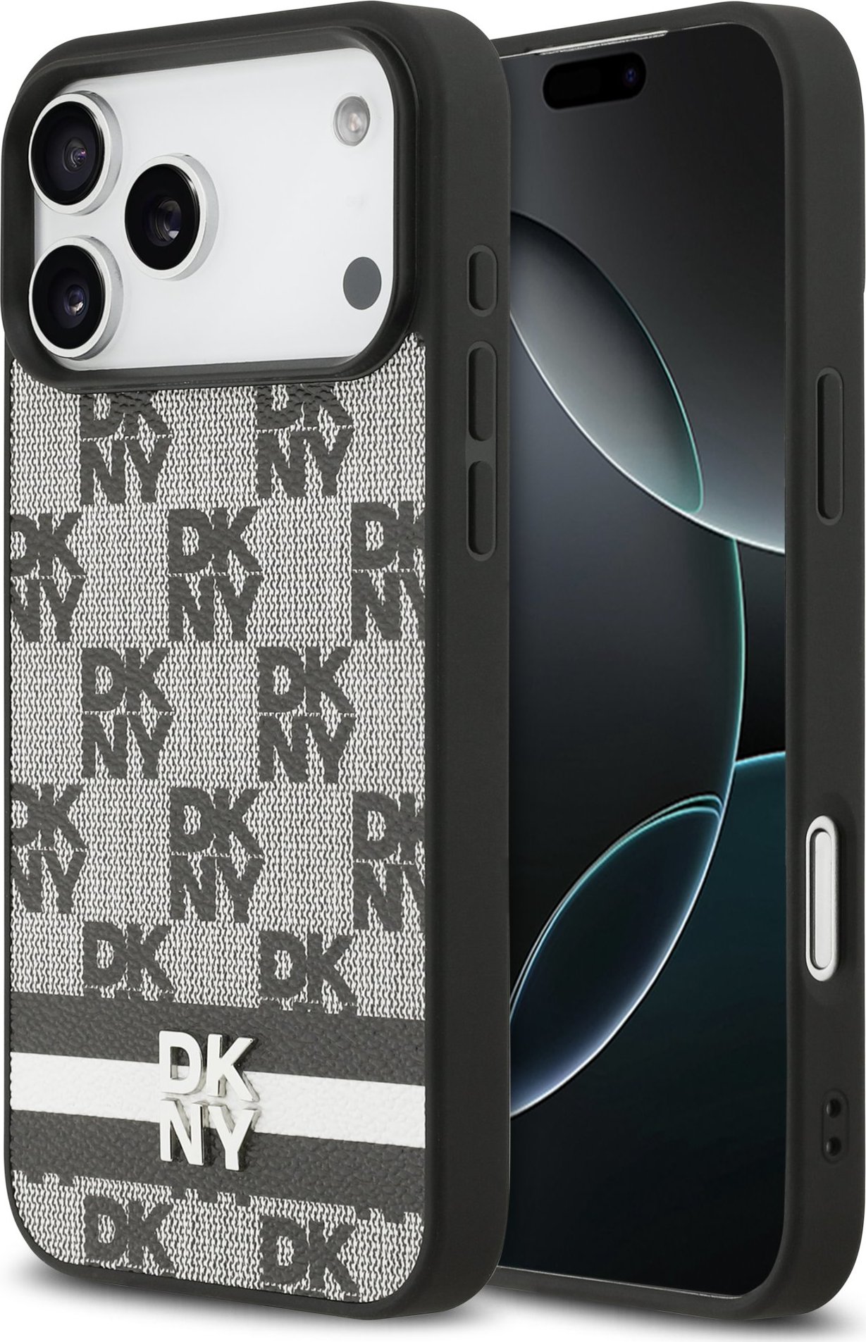 DKNY PU Leather Checkered Pattern and Stripe Zadní Kryt pro iPhone 17 Pro Max Black