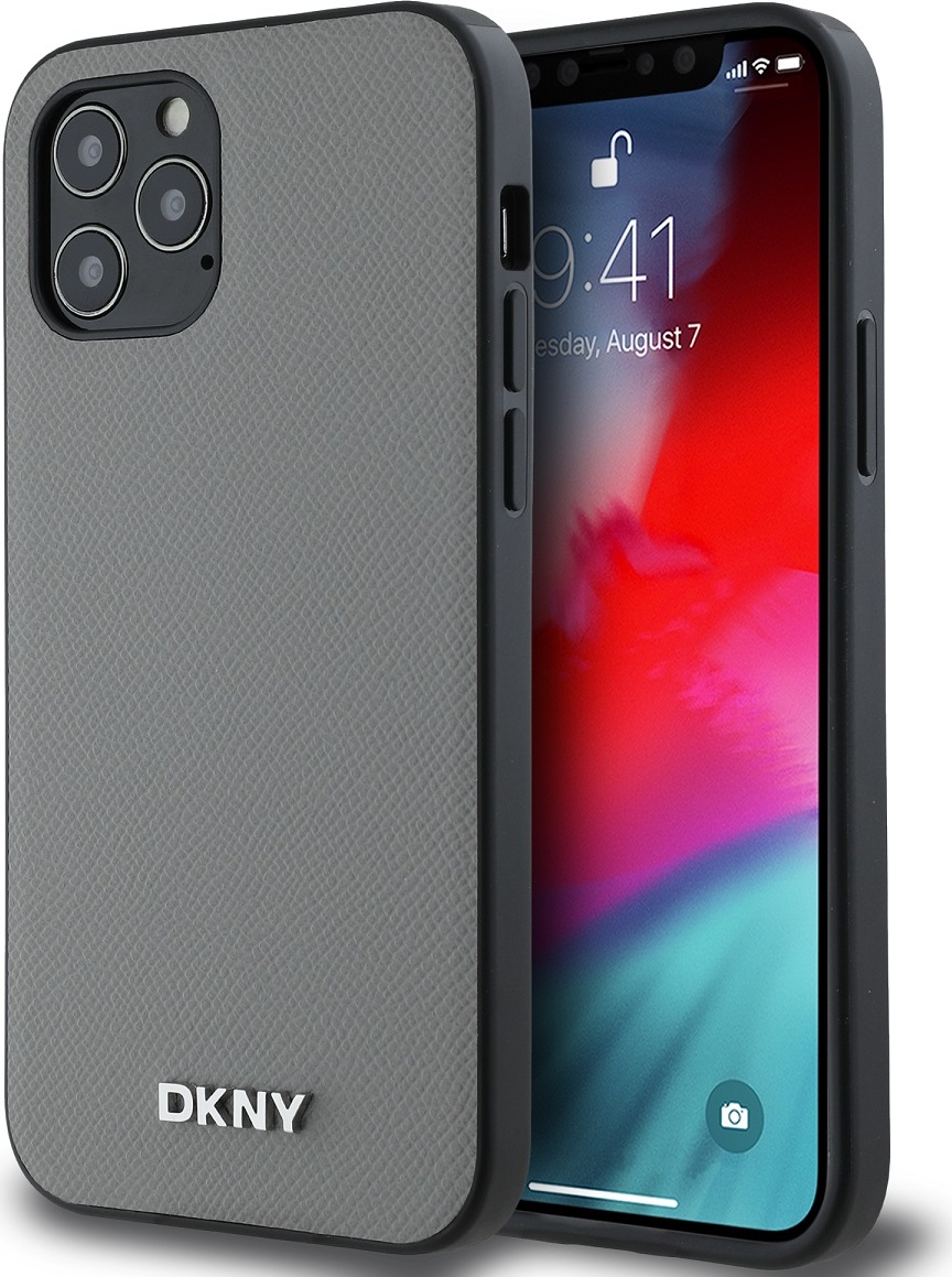DKNY PU Leather Silver Metal Logo Magsafe Zadní Kryt pro iPhone 12/12 Pro Grey