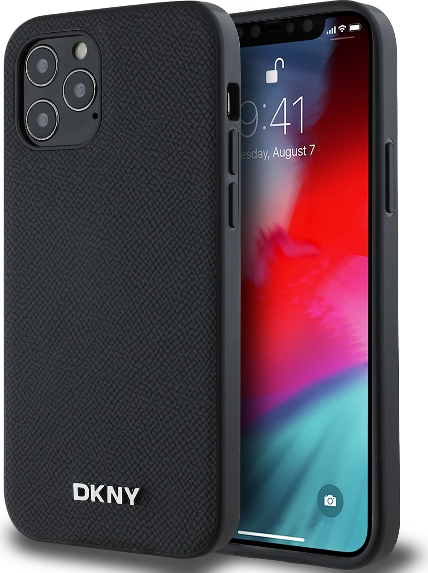 DKNY PU Leather Silver Metal Logo Magsafe Zadní Kryt pro iPhone 12/12 Pro Black