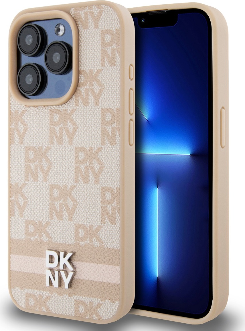DKNY PU Leather Checkered Pattern and Stripe Zadní Kryt pro iPhone 13 Pro Pink