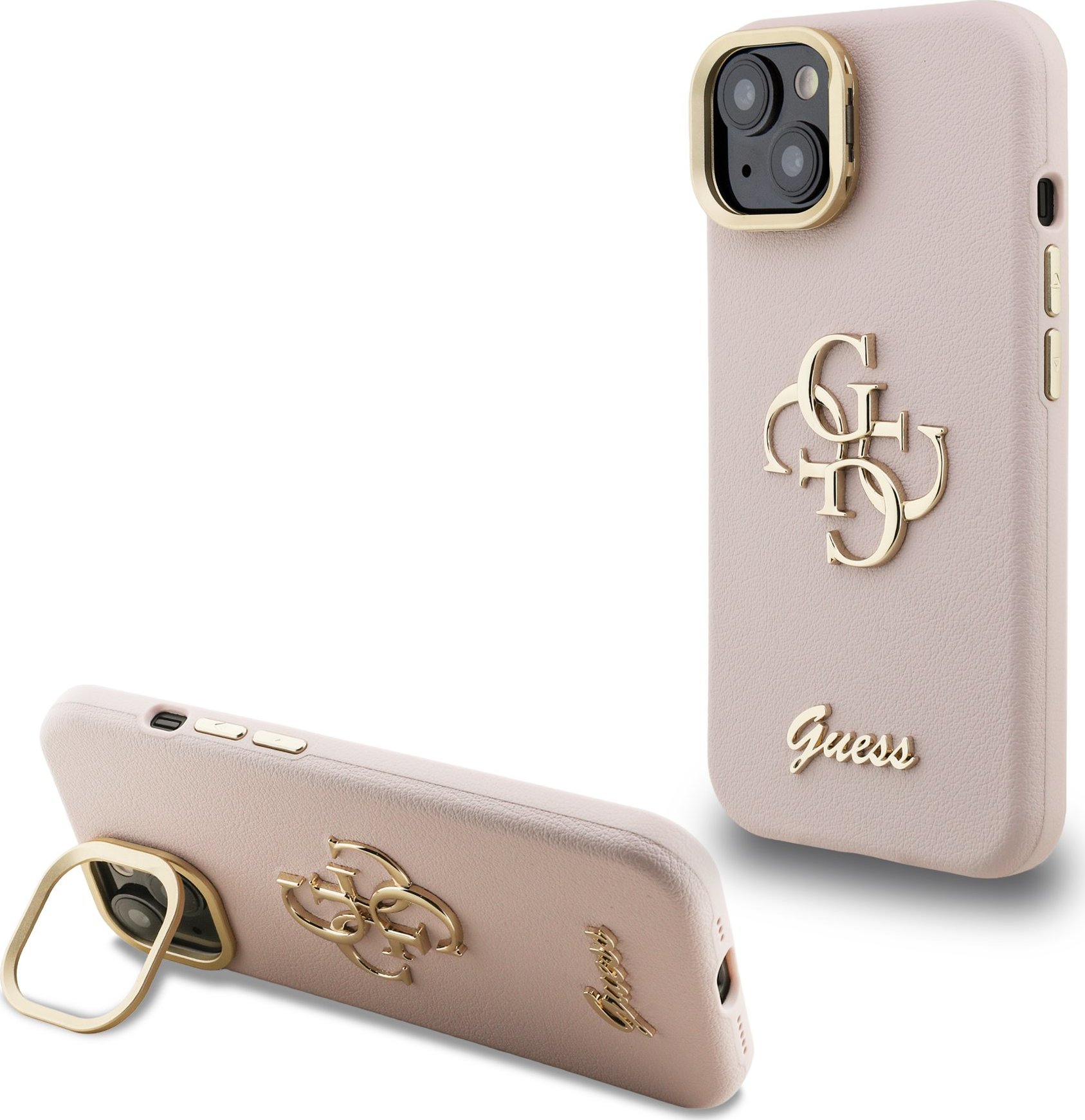 Guess PU Grained 4G Logo Stand Camera Frame Zadní Kryt pro iPhone 13 Pink
