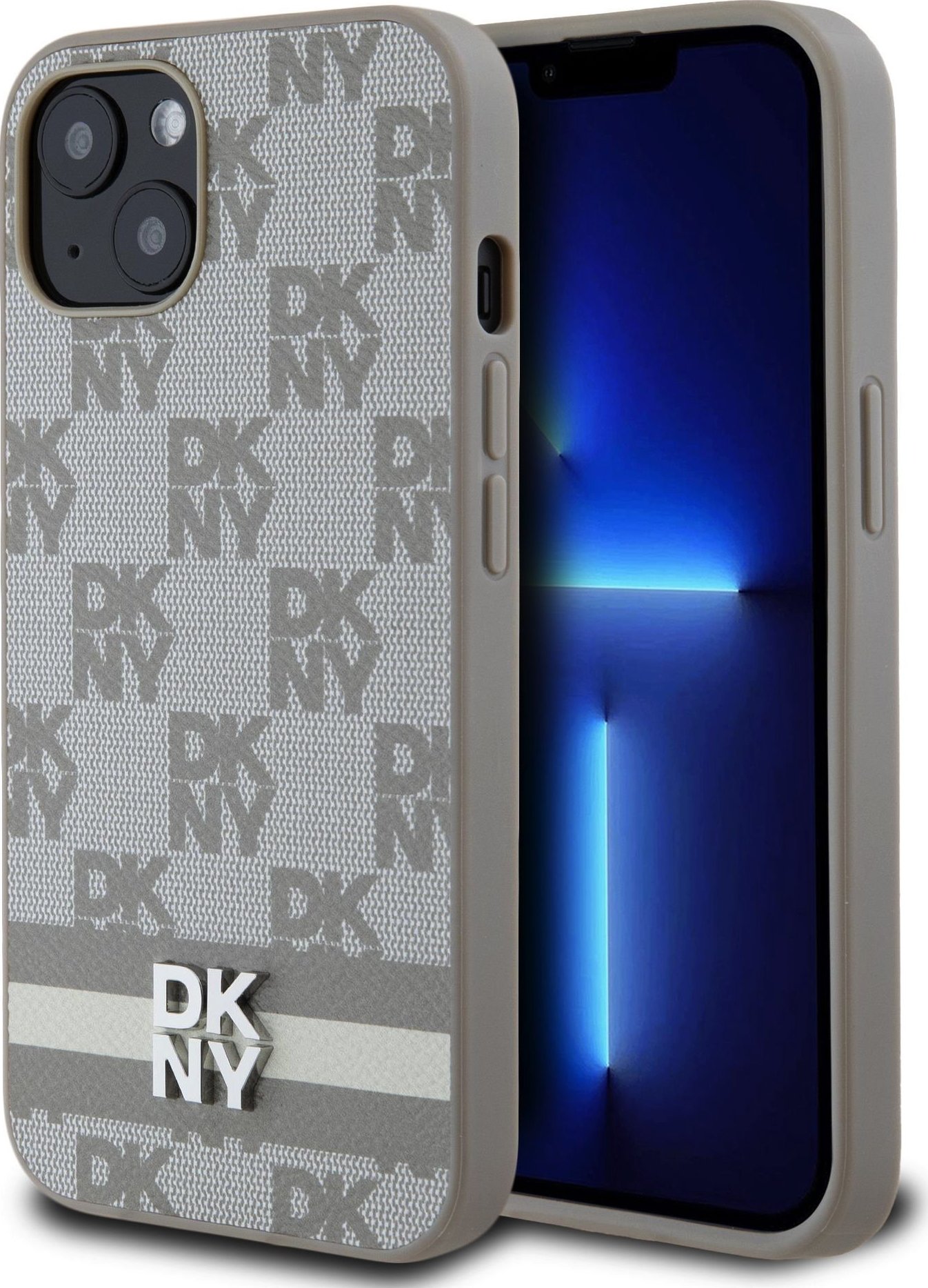 DKNY PU Leather Checkered Pattern and Stripe Zadní Kryt pro iPhone 13 Beige