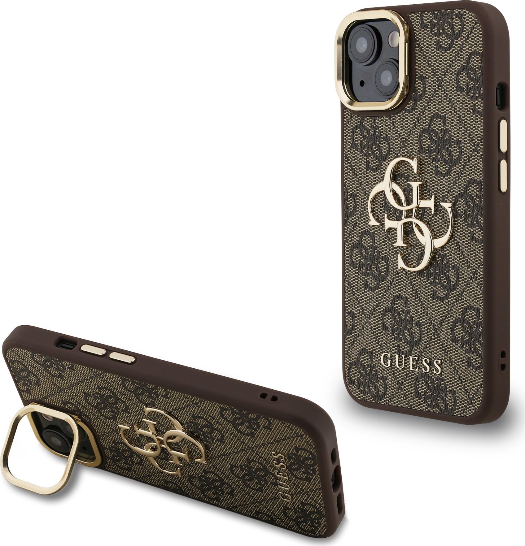 Guess PU 4G Metal Logo Stand Camera Frame Zadní Kryt pro iPhone 13 Brown