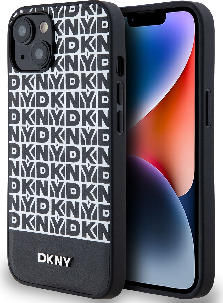 DKNY PU Leather Repeat Pattern Bottom Stripe MagSafe Zadní Kryt pro iPhone 13 Black