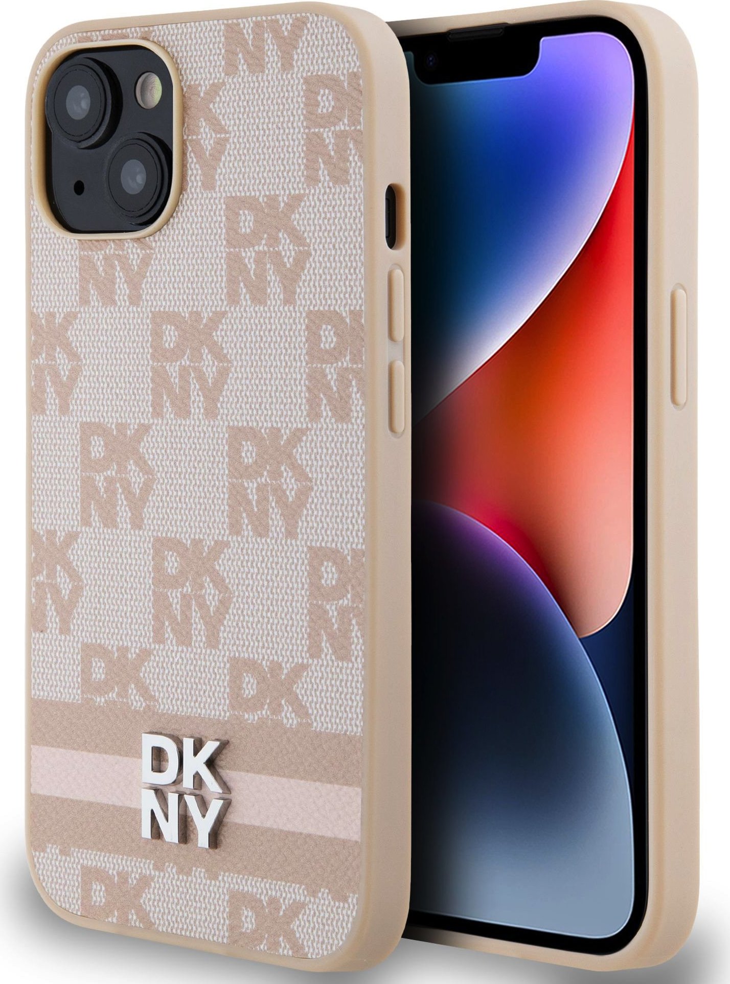 DKNY PU Leather Checkered Pattern and Stripe Zadní Kryt pro iPhone 13 Pink