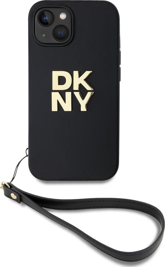 DKNY PU Leather Stack Logo Wrist Strap Zadní Kryt pro iPhone 13 Black