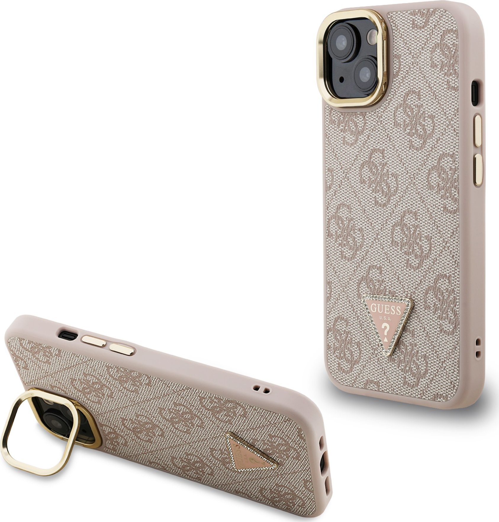 Guess PU 4G Strass Triangle Logo Stand Camera Frame MagSafe Zadní Kryt pro iPhone 13 Pink