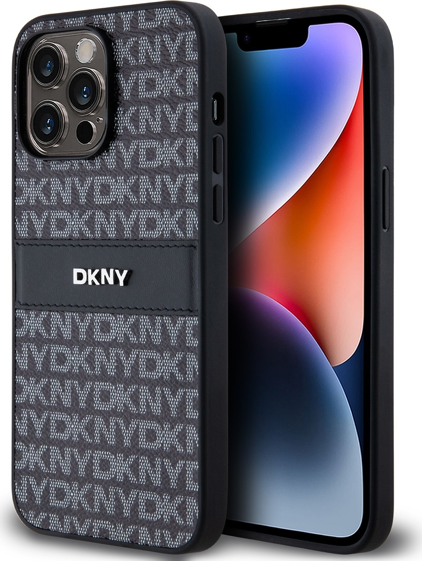 DKNY PU Leather Repeat Pattern Tonal Stripe Zadní Kryt pro iPhone 14 Pro Black