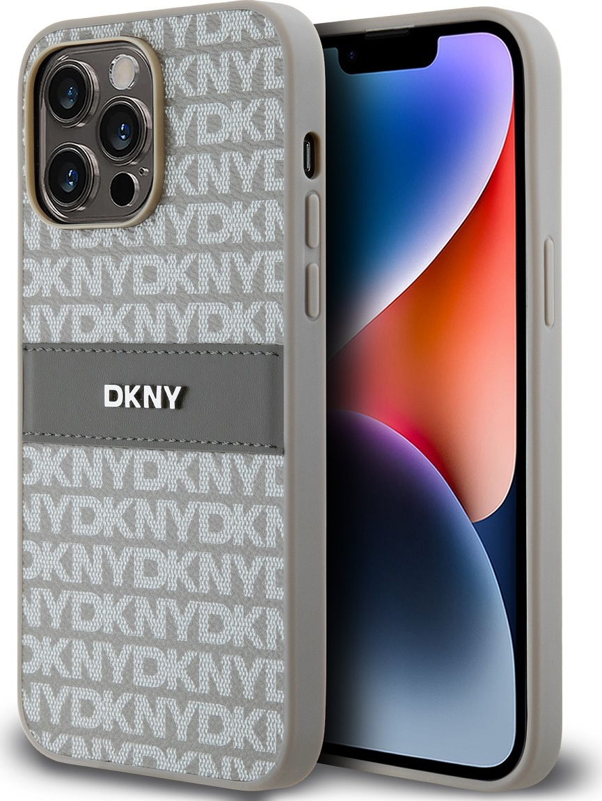 DKNY PU Leather Repeat Pattern Tonal Stripe Zadní Kryt pro iPhone 14 Pro Beige
