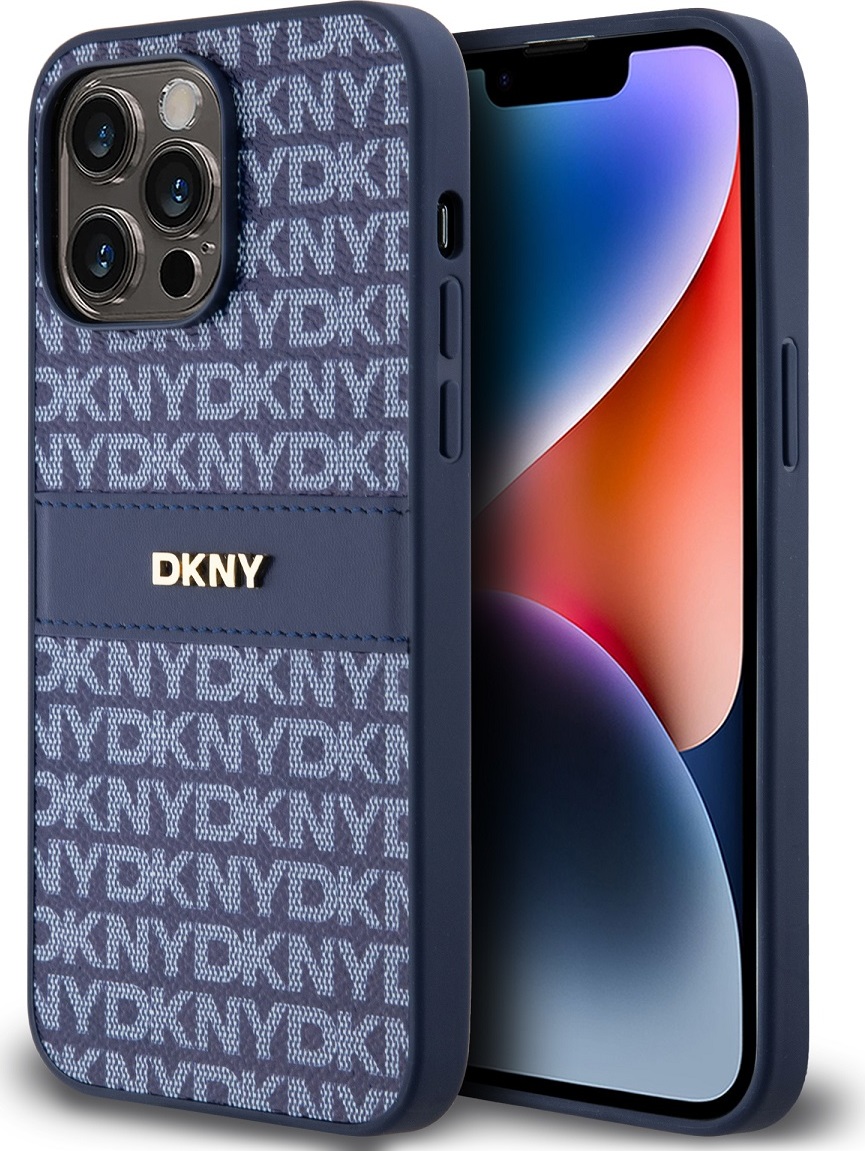 DKNY PU Leather Repeat Pattern Tonal Stripe Zadní Kryt pro iPhone 14 Pro Blue