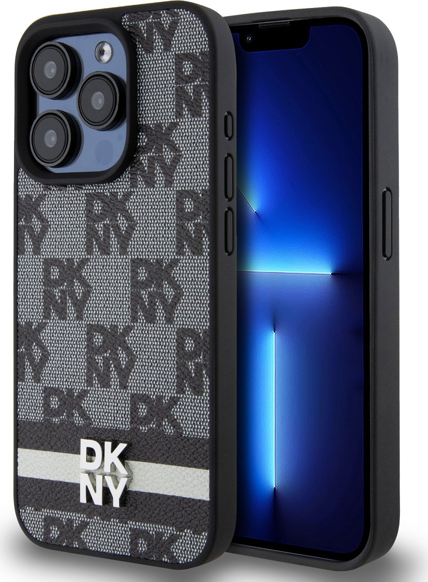 DKNY PU Leather Checkered Pattern and Stripe Zadní Kryt pro iPhone 14 Pro Black