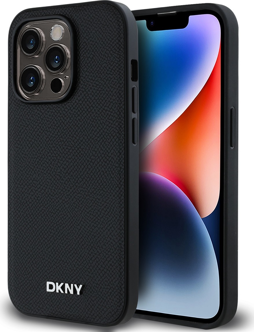 DKNY PU Leather Silver Metal Logo Magsafe Zadní Kryt pro iPhone 14 Pro Black