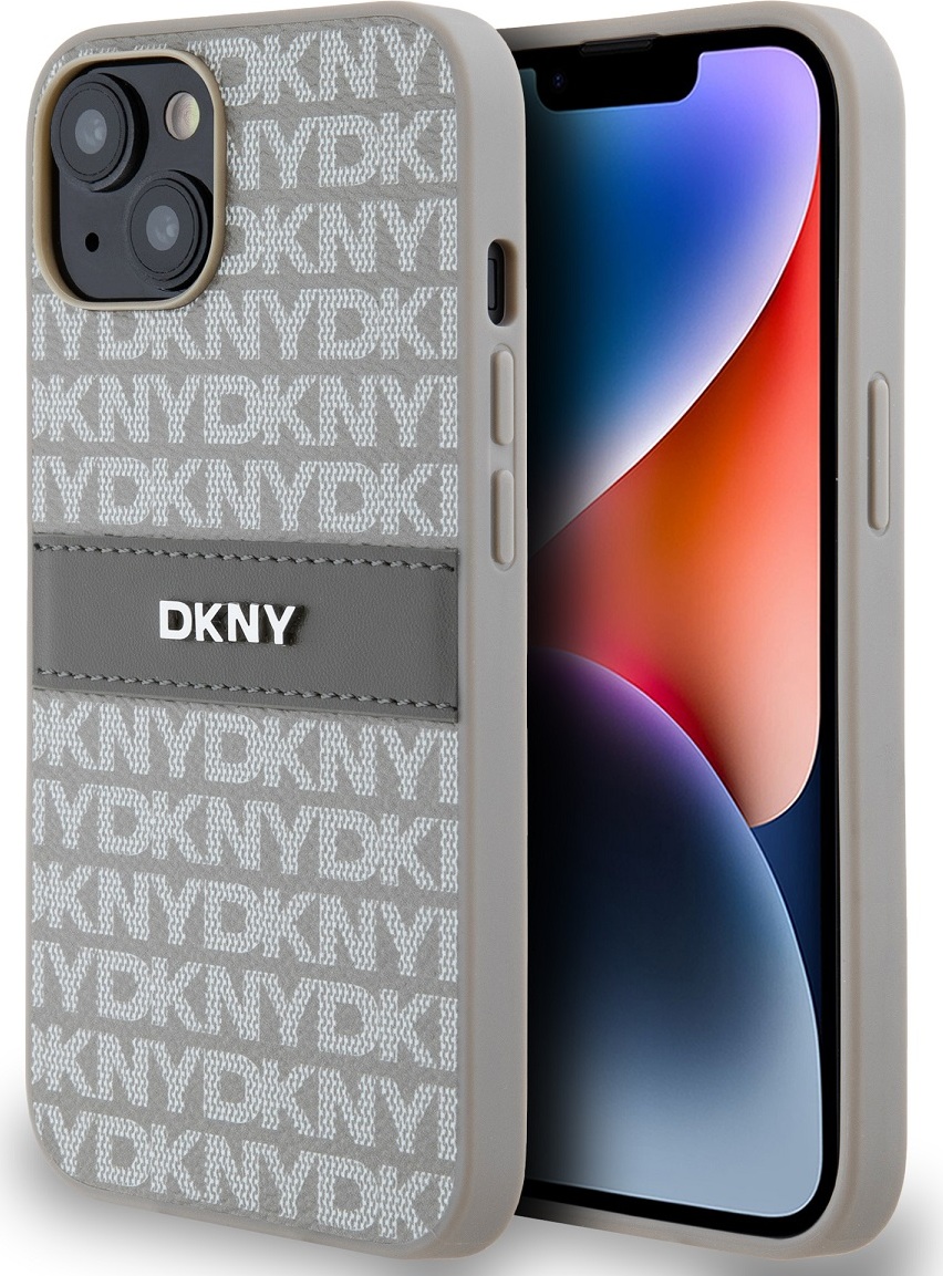 DKNY PU Leather Repeat Pattern Tonal Stripe Zadní Kryt pro iPhone 14 Beige