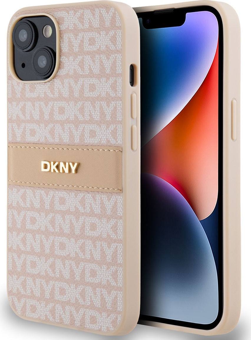 DKNY PU Leather Repeat Pattern Tonal Stripe Zadní Kryt pro iPhone 14 Pink