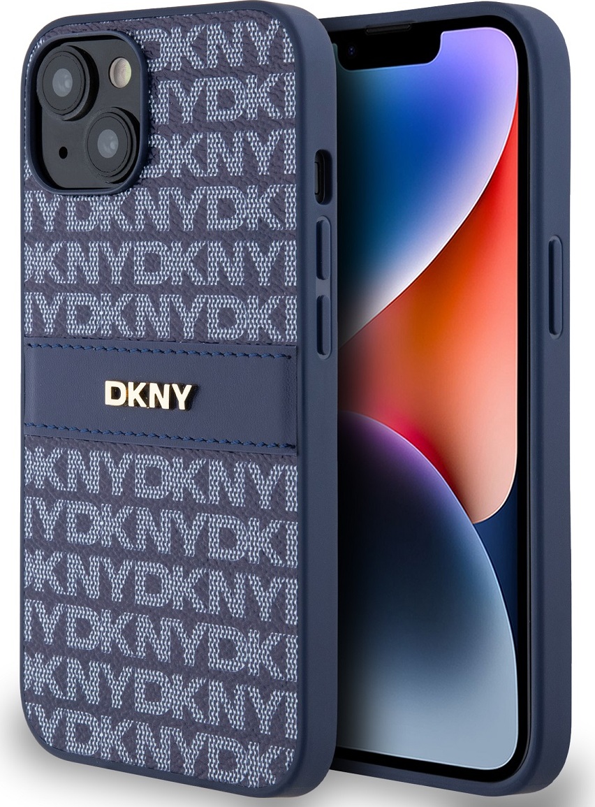 DKNY PU Leather Repeat Pattern Tonal Stripe Zadní Kryt pro iPhone 14 Blue