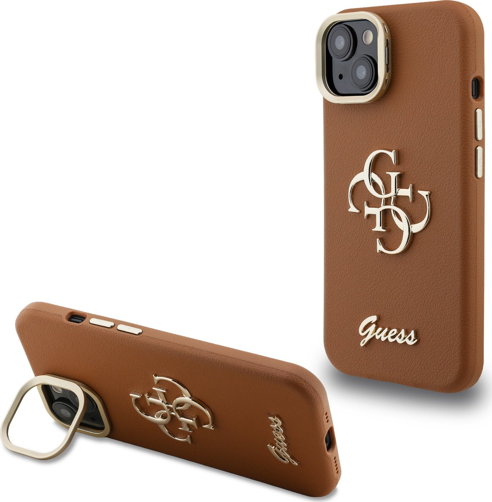 Guess PU Grained 4G Logo Stand Camera Frame Zadní Kryt pro iPhone 14 Brown
