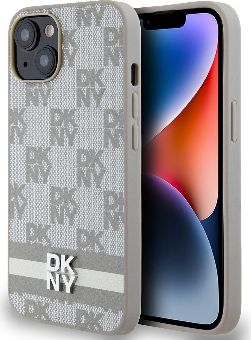 DKNY PU Leather Checkered Pattern and Stripe Zadní Kryt pro iPhone 14 Beige