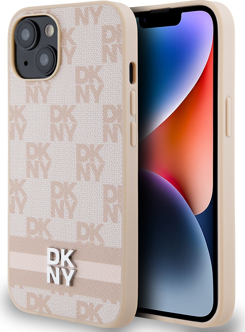 DKNY PU Leather Checkered Pattern and Stripe Zadní Kryt pro iPhone 14 Pink
