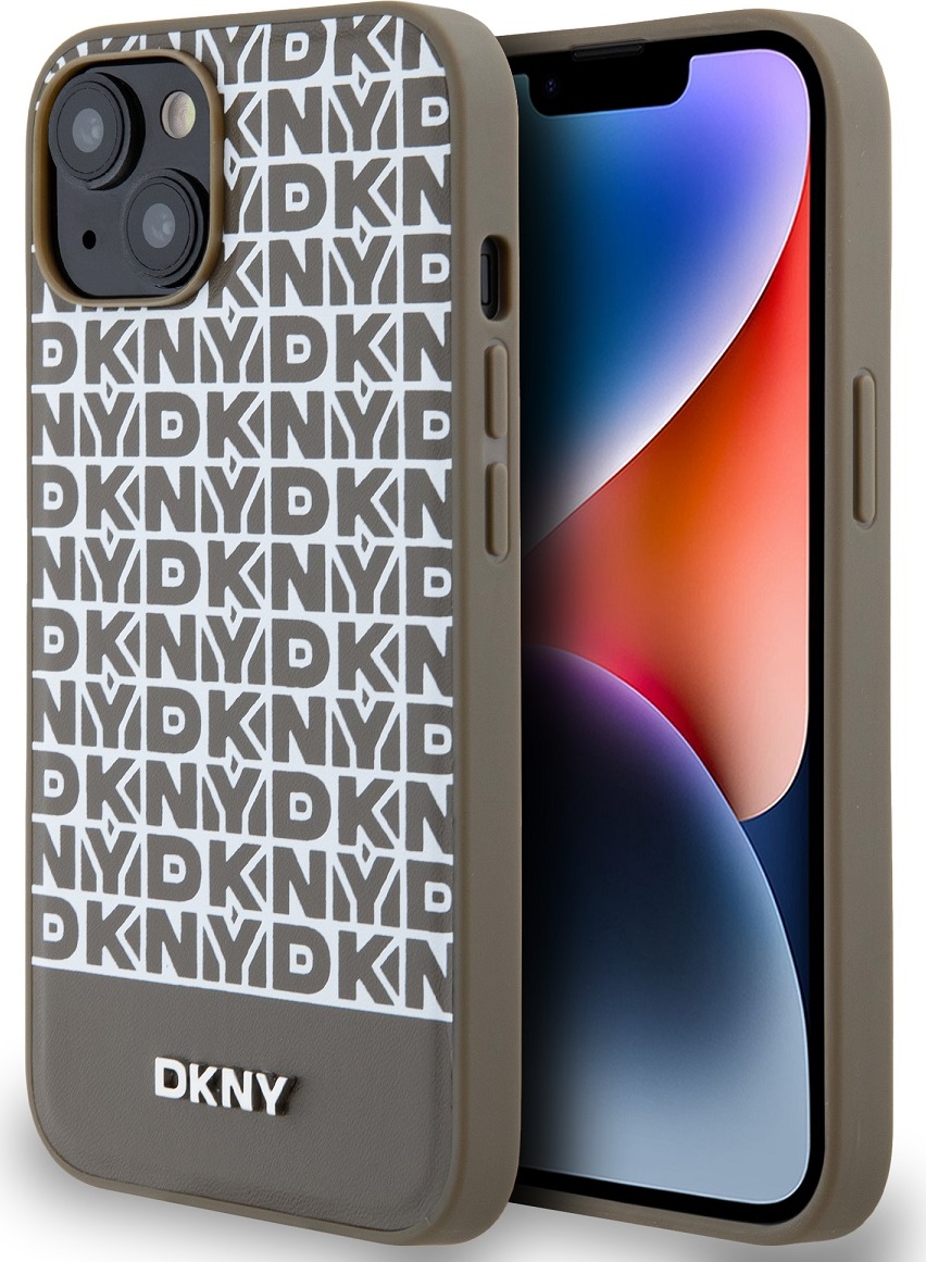DKNY PU Leather Repeat Pattern Bottom Stripe MagSafe Zadní Kryt pro iPhone 14 Brown