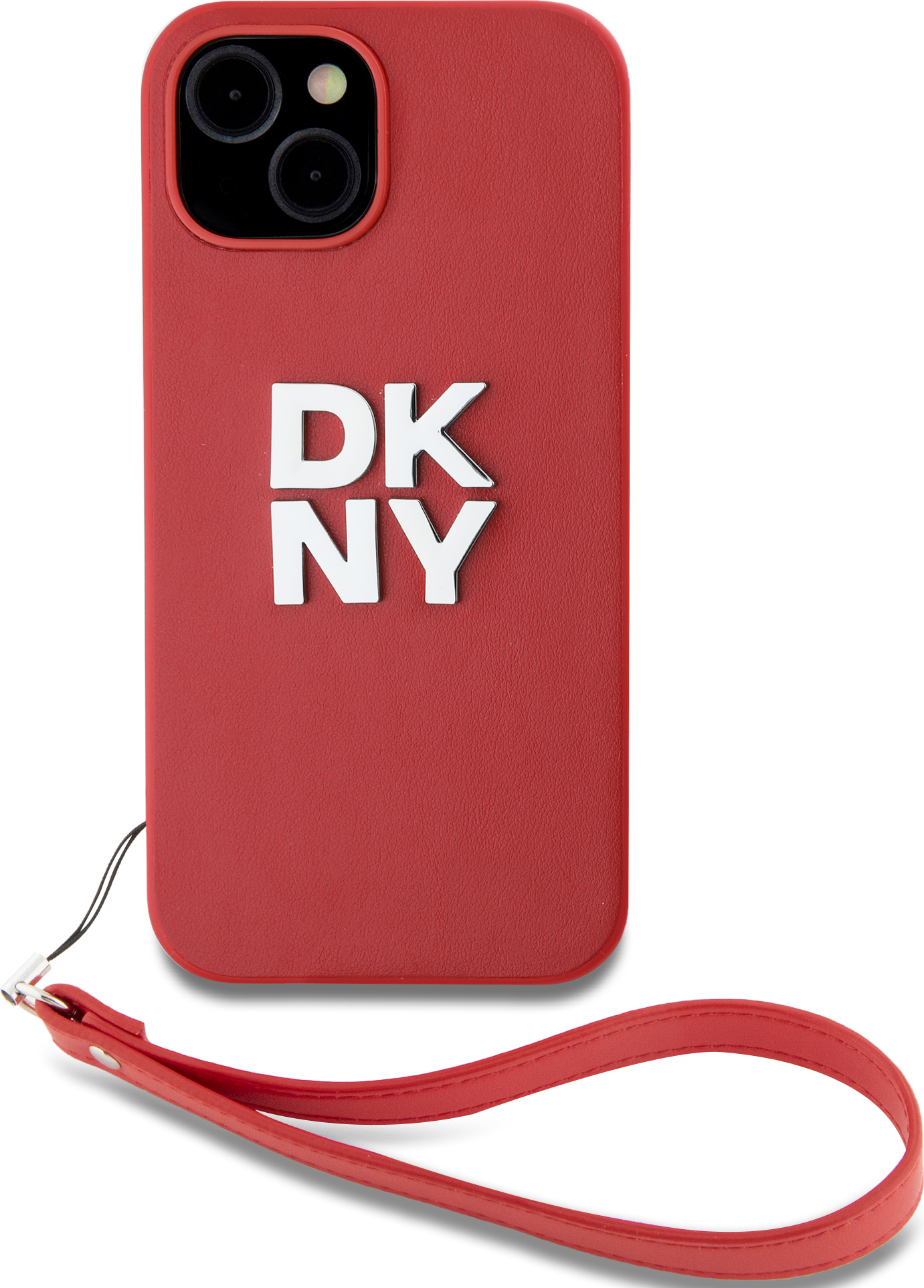 DKNY PU Leather Stack Logo Wrist Strap Zadní Kryt pro iPhone 14 Red