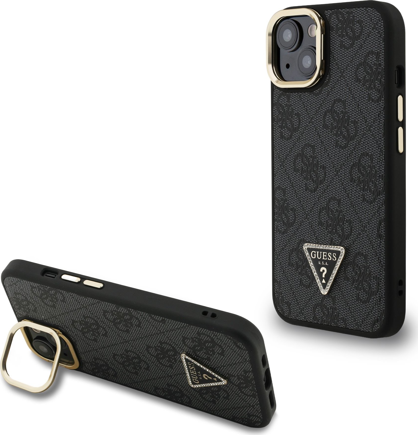 Guess PU 4G Strass Triangle Logo Stand Camera Frame MagSafe Zadní Kryt pro iPhone 14 Black