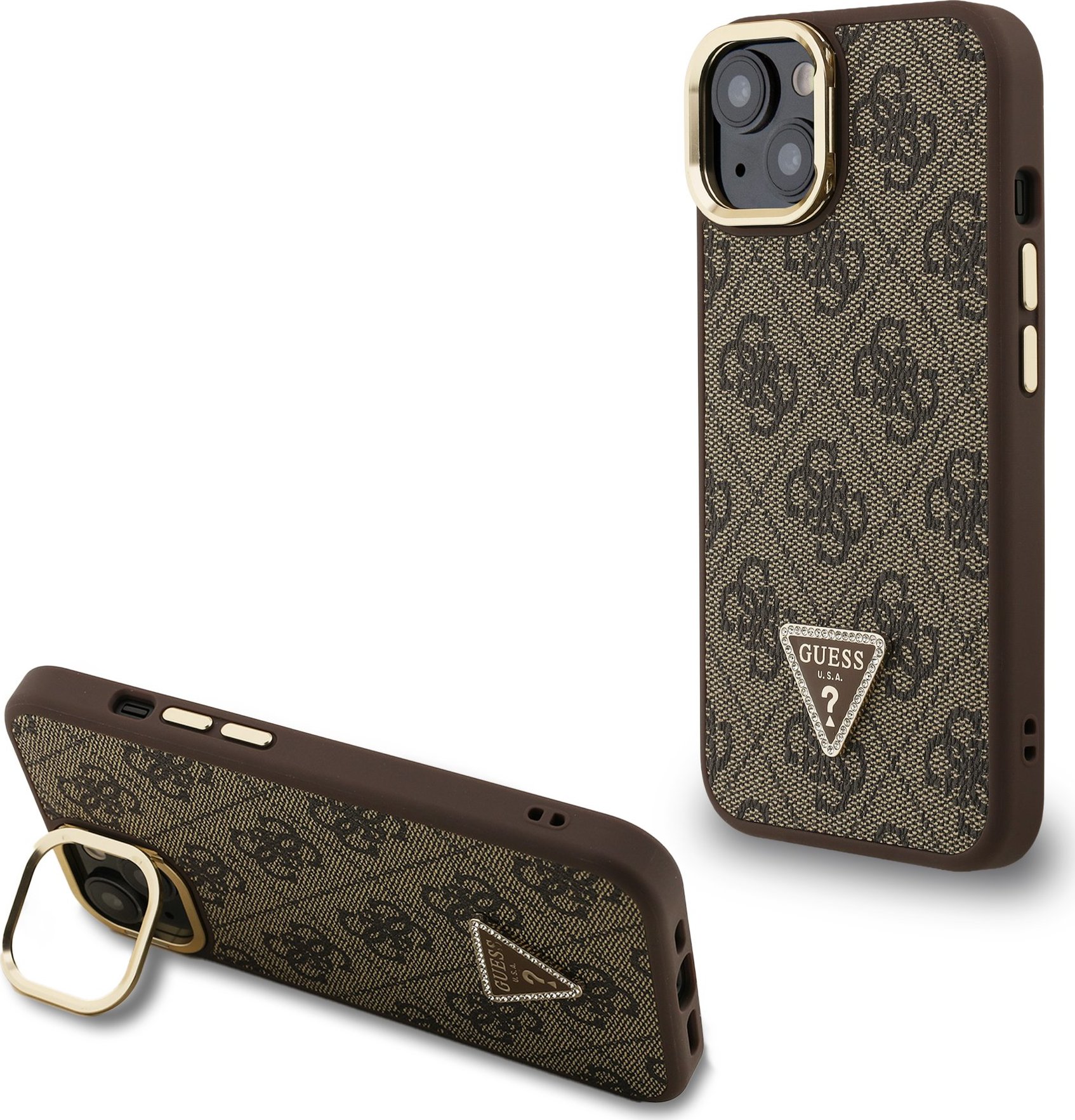 Guess PU 4G Strass Triangle Logo Stand Camera Frame MagSafe Zadní Kryt pro iPhone 14 Brown
