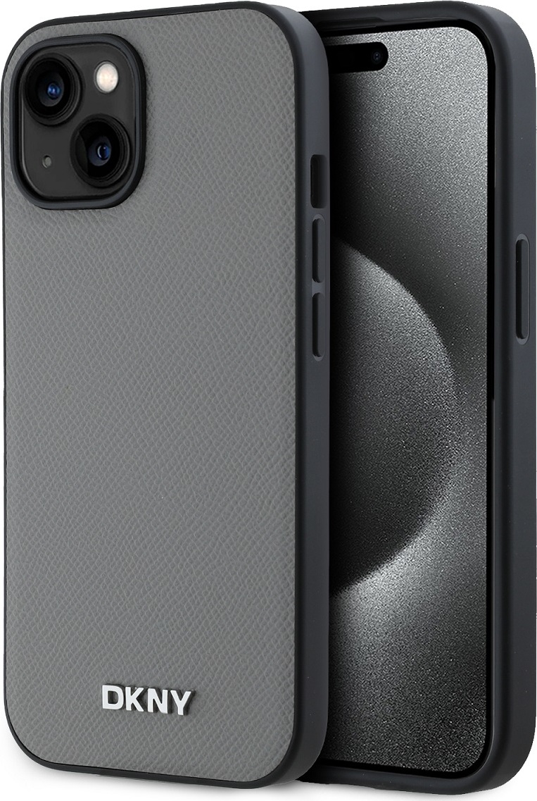 DKNY PU Leather Silver Metal Logo Magsafe Zadní Kryt pro iPhone 14 Grey