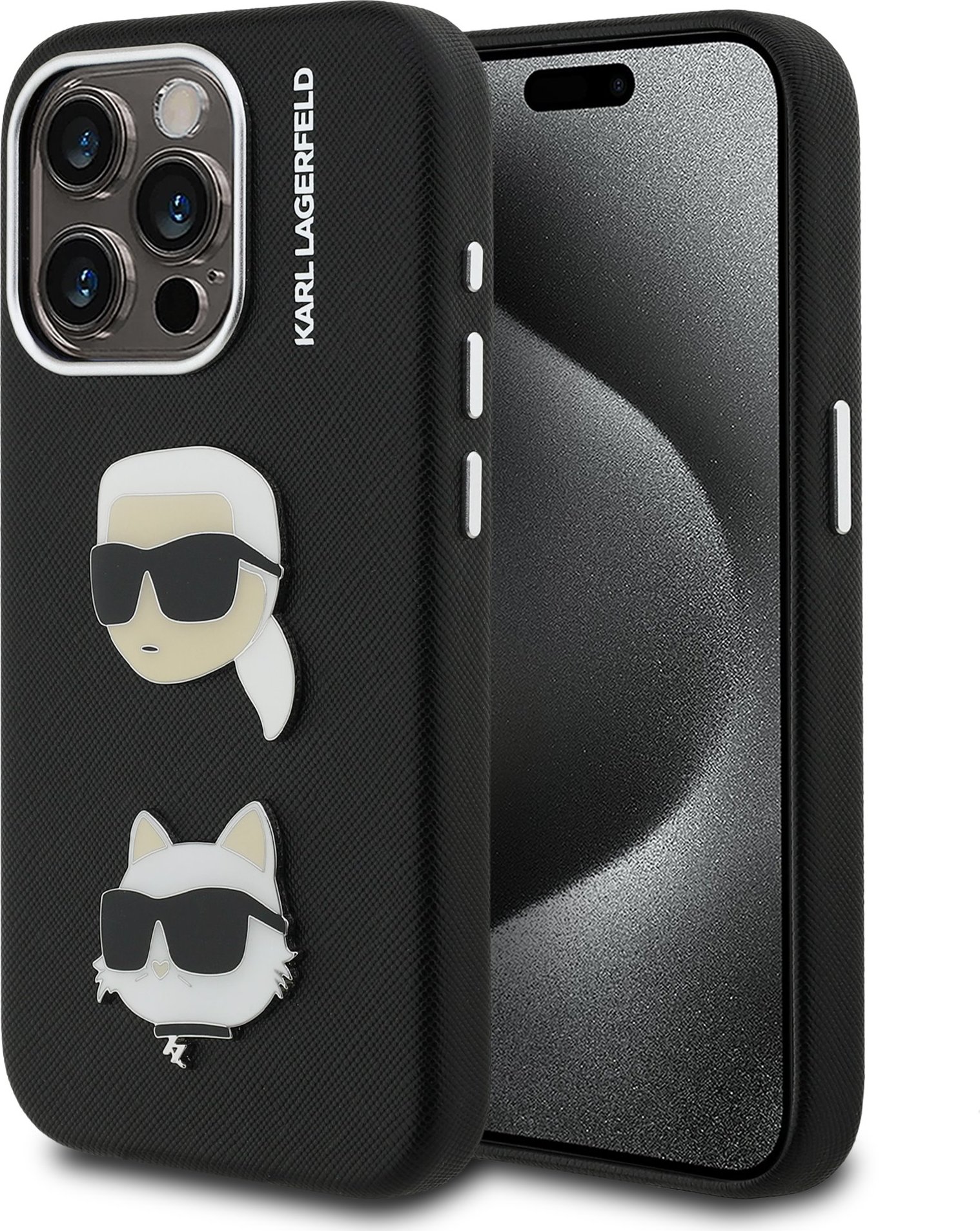 Karl Lagerfeld Grained PU K&CH Heads Zadní Kryt pro iPhone 15 Pro Max Black