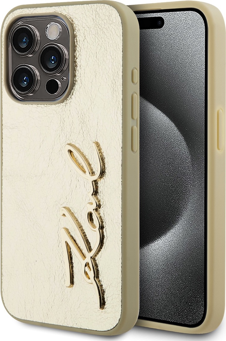 Karl Lagerfeld Wrinkled PU Signature Logo Zadní Kryt pro iPhone 15 Pro Max Gold
