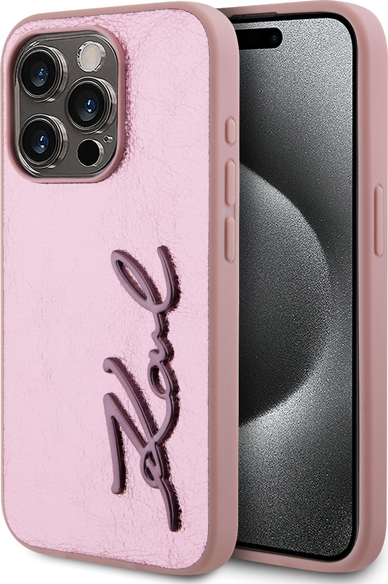 Karl Lagerfeld Wrinkled PU Signature Logo Zadní Kryt pro iPhone 15 Pro Max Pink