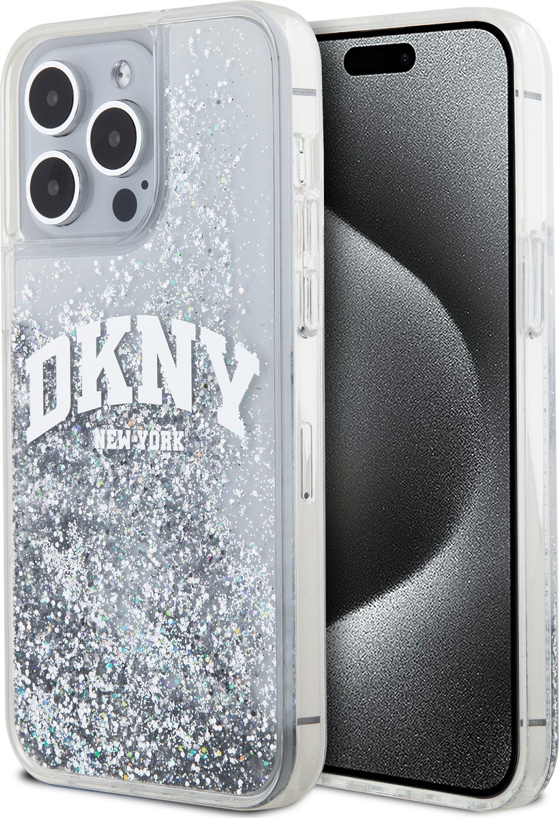 DKNY Liquid Glitter Arch Logo Zadní Kryt pro iPhone 15 Pro Max Transparent