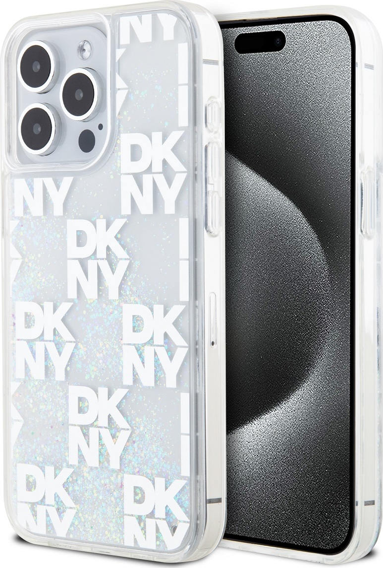 DKNY Liquid Glitter Checkered Pattern Zadní Kryt pro iPhone 15 Pro Max Transparent