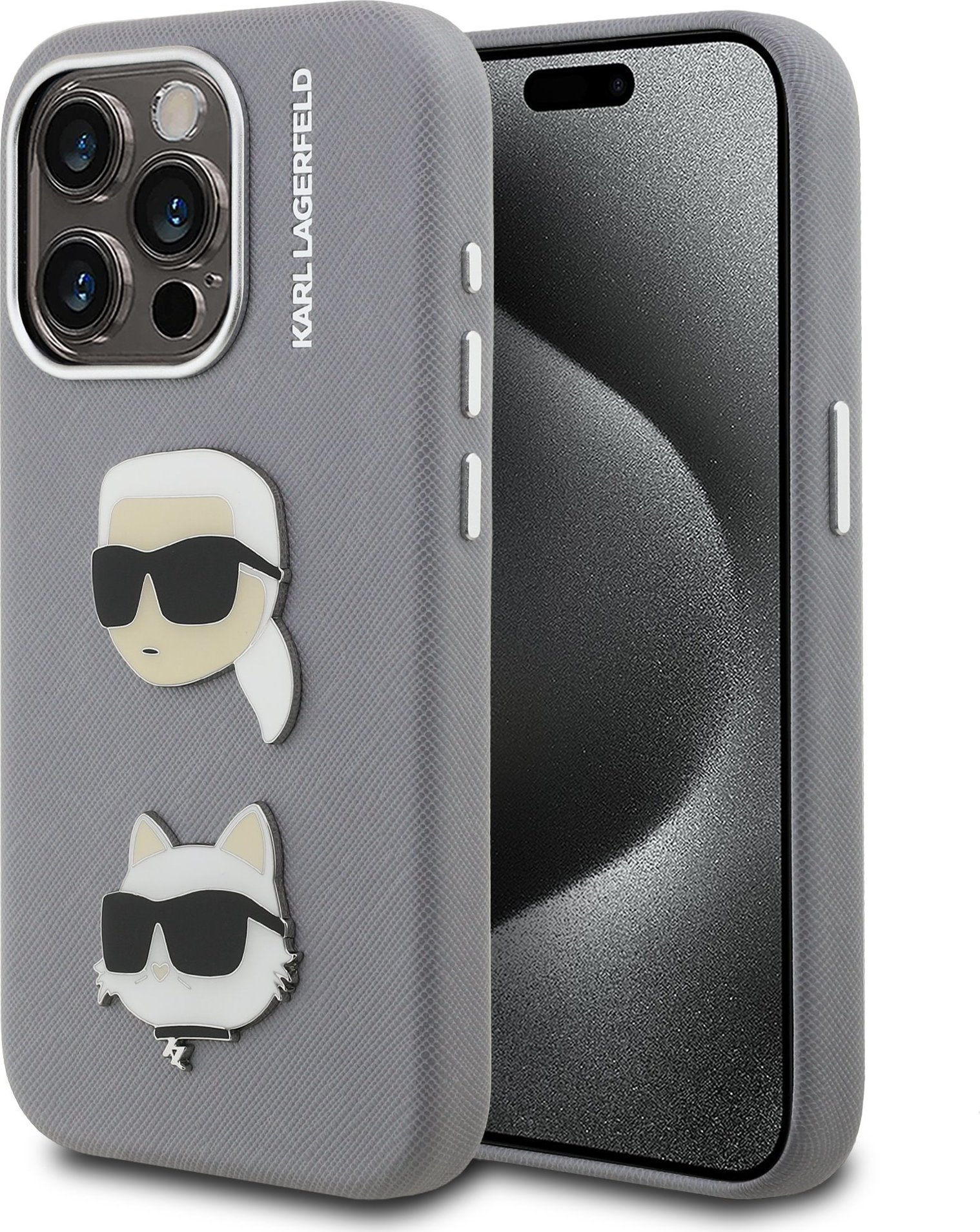 Karl Lagerfeld Grained PU K&CH Heads Zadní Kryt pro iPhone 15 Pro Max Grey