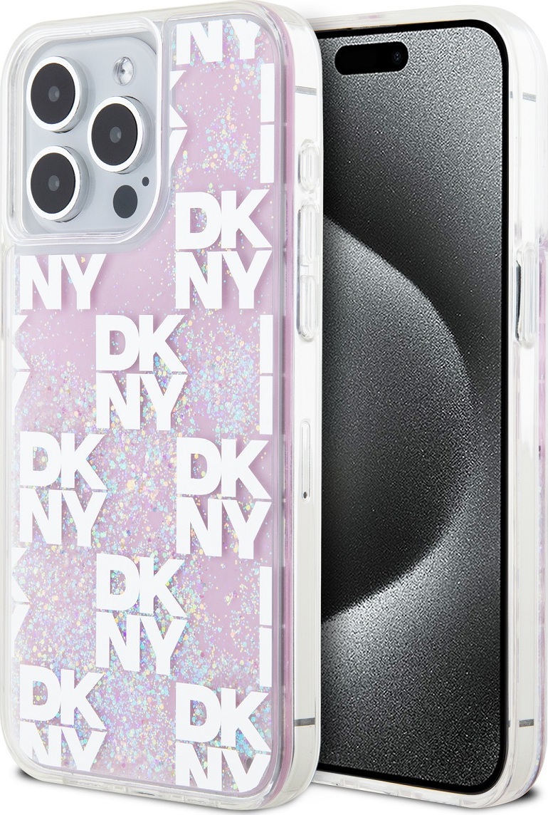 DKNY Liquid Glitter Checkered Pattern Zadní Kryt pro iPhone 15 Pro Max Pink