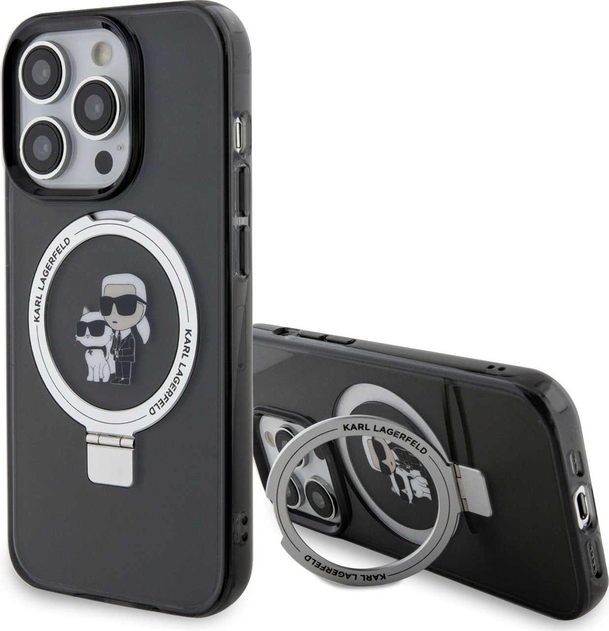 Karl Lagerfeld Ringstand Karl and Choupette MagSafe Zadní Kryt pro iPhone 15 Pro Max Black