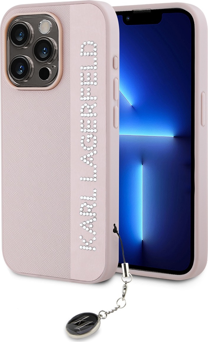 Karl Lagerfeld PU Saffiano Rhinestone Charm Zadní Kryt pro iPhone 15 Pro Max Pink