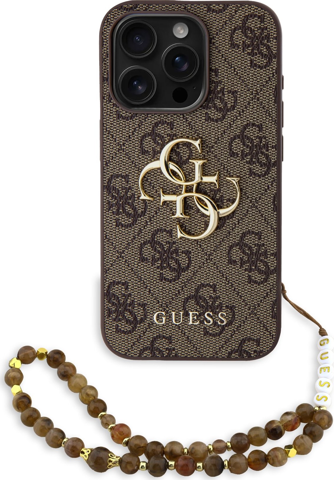 Guess PU 4G Metal Logo Strap Zadní Kryt pro iPhone 15 Pro Max Brown