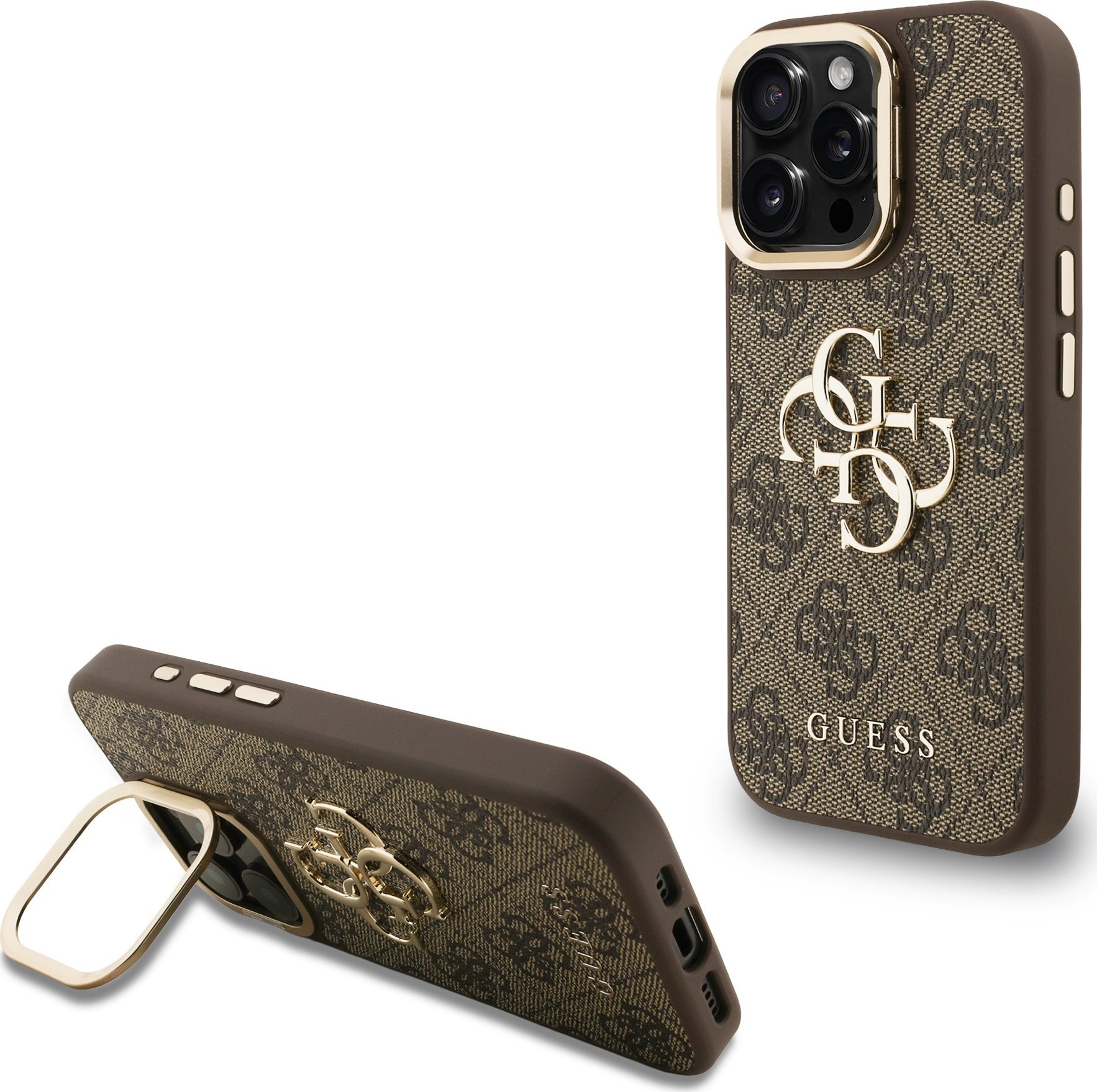Guess PU 4G Metal Logo Stand Camera Frame Zadní Kryt pro iPhone 15 Pro Max Brown