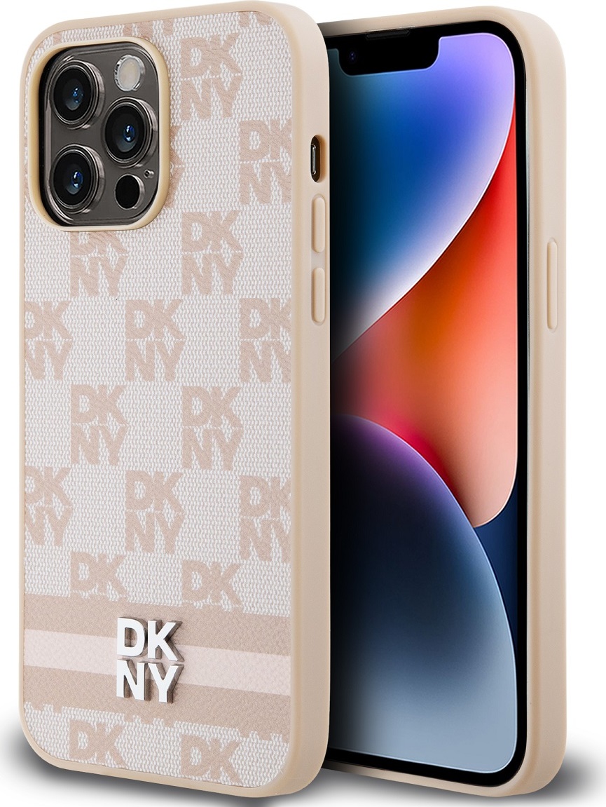 DKNY PU Leather Checkered Pattern and Stripe Zadní Kryt pro iPhone 15 Pro Max Pink