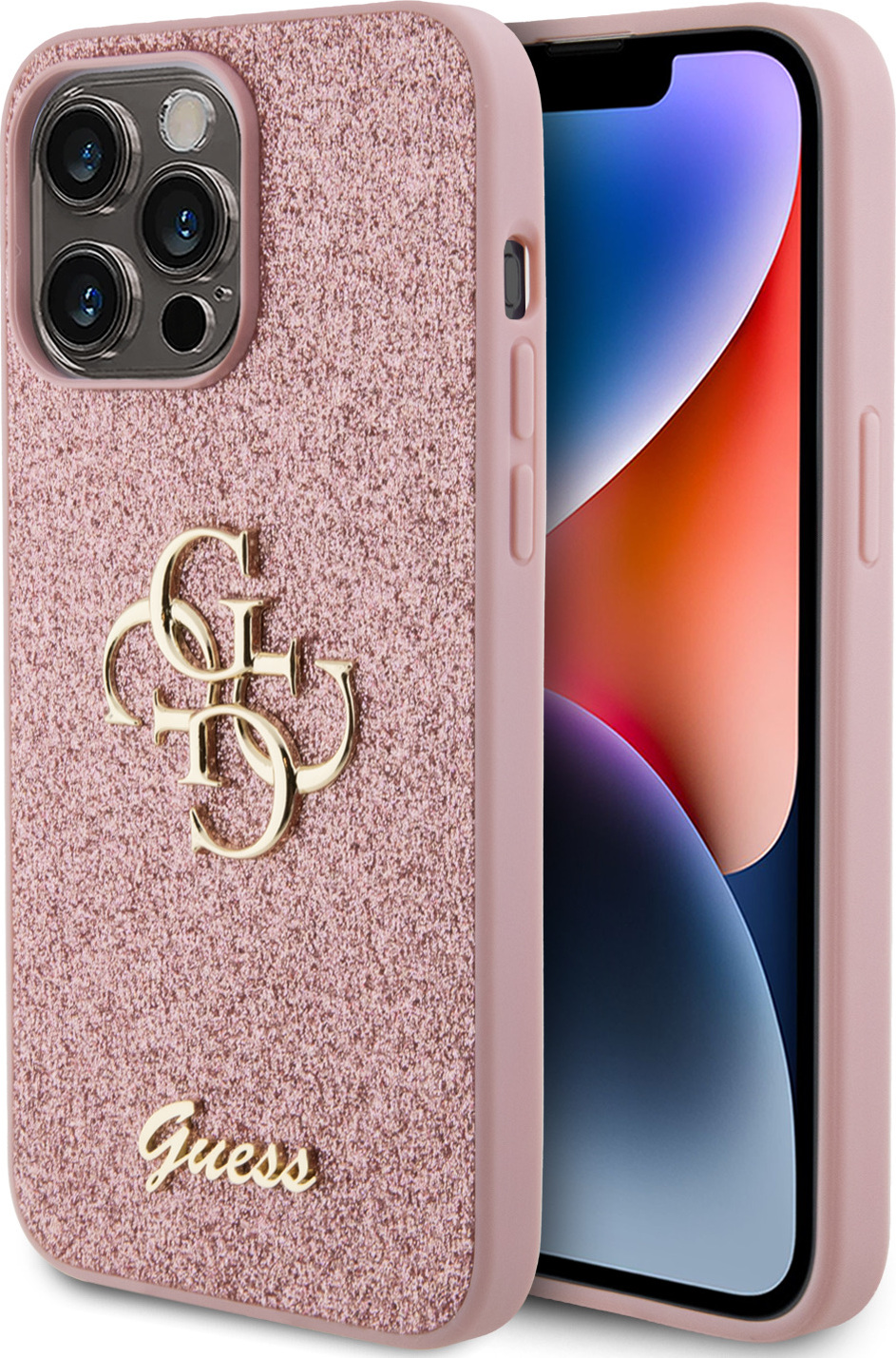 Guess PU Fixed Glitter 4G Metal Logo Zadní Kryt pro iPhone 15 Pro Max Pink