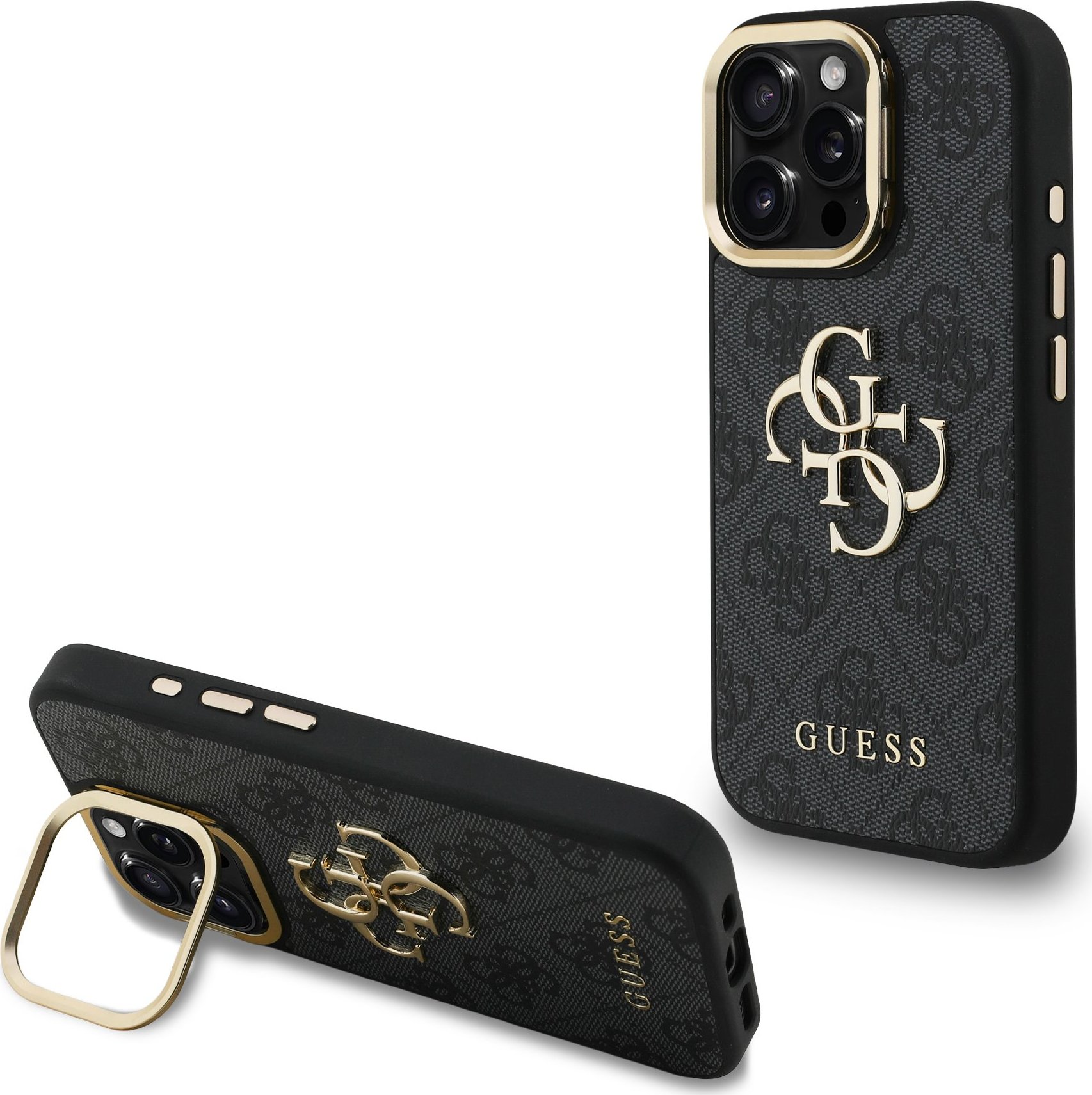 Guess PU 4G Metal Logo Stand Camera Frame Zadní Kryt pro iPhone 15 Pro Max Black
